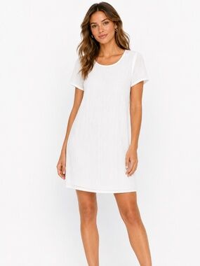 Lulus Women Med White Chic Short Sleeve Shift Mini Dress Textured Quiet Luxury